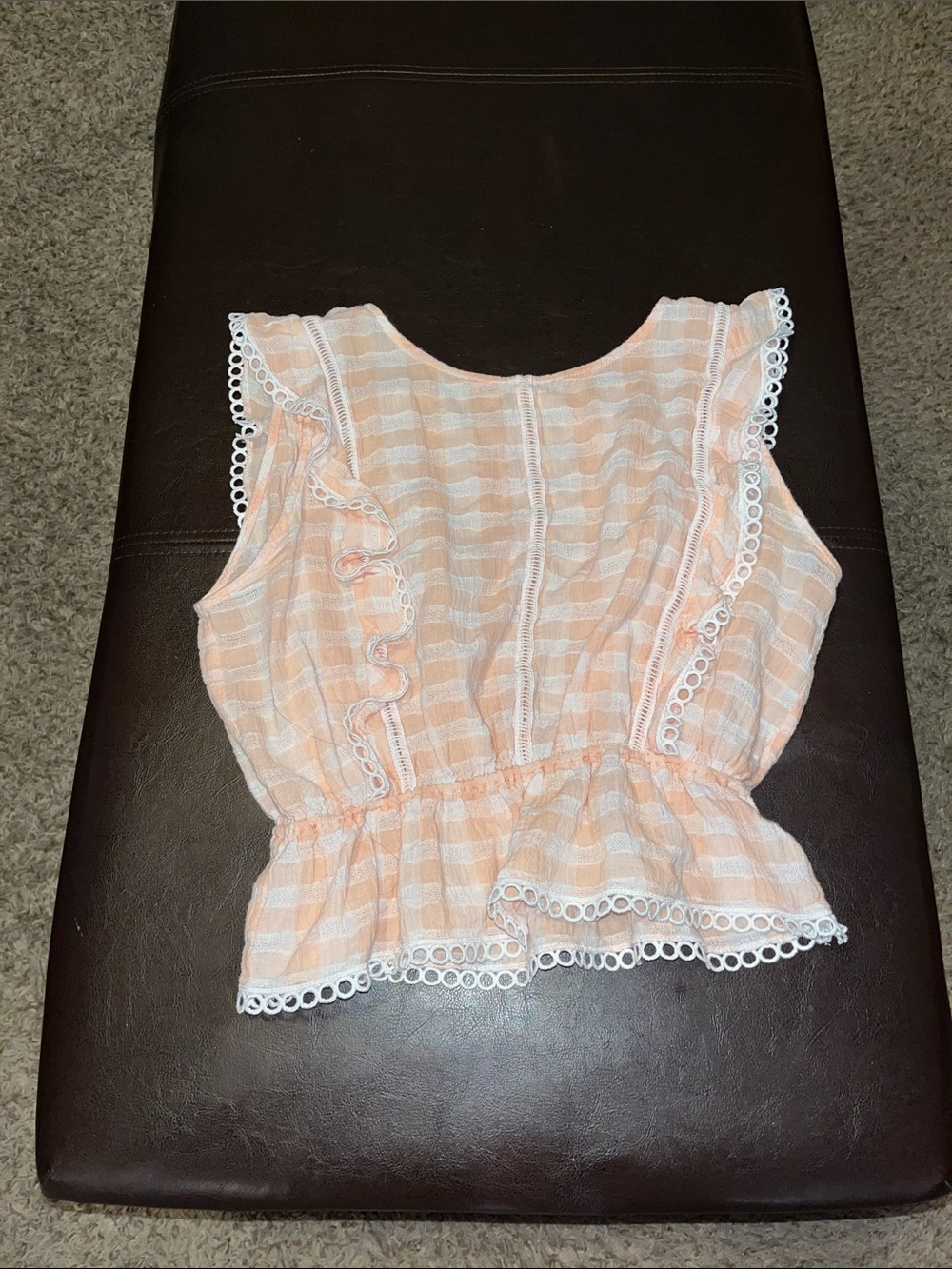 BB Dakota Peach and White Gingham Ruffle Peplum Top